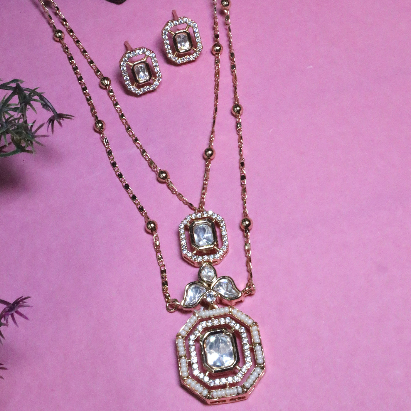 Gold-Color Multi-Shape Polki Long Chain Set - SIA455828