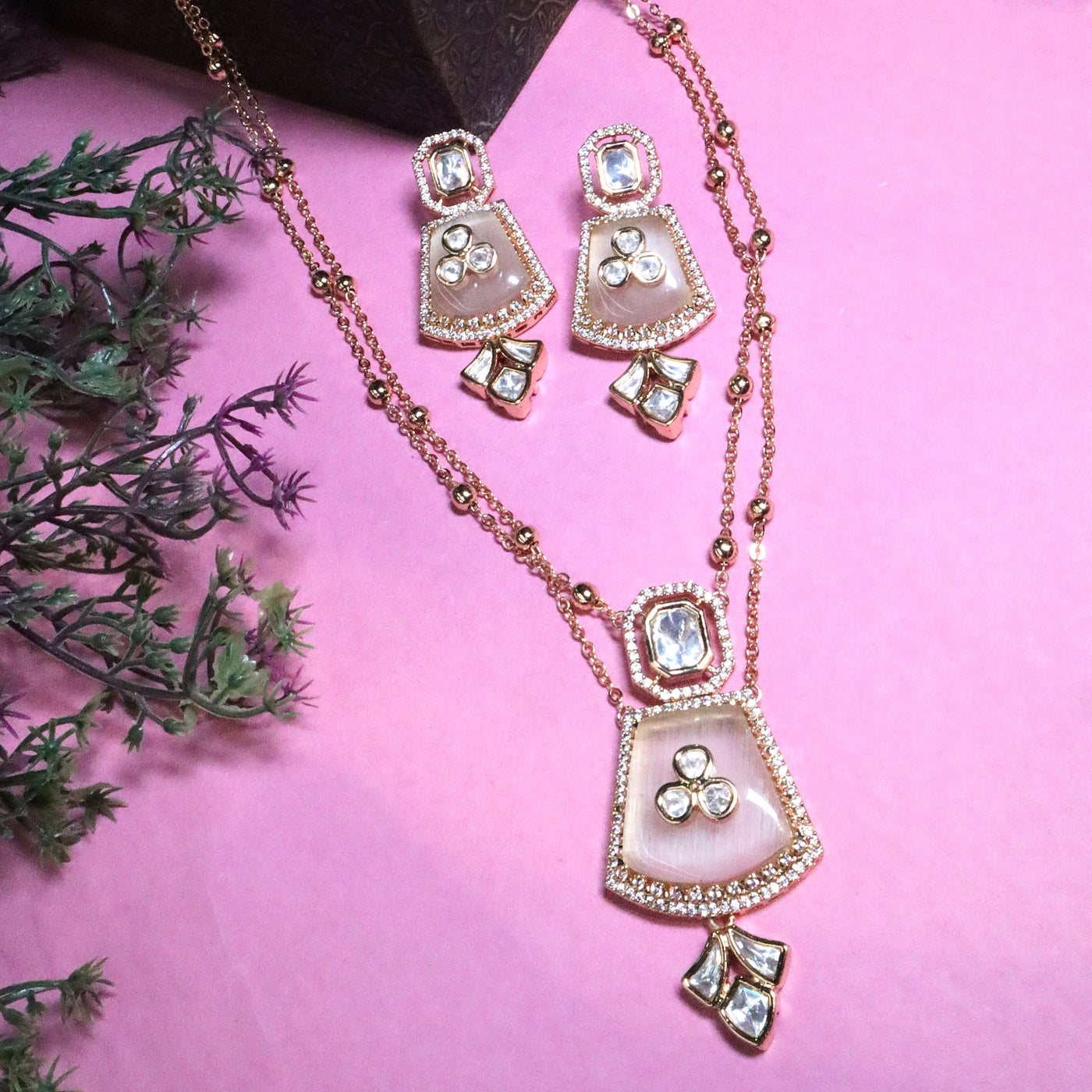 Kundan Style Layered Pendant Set with Mother-of-Pearl & CZ Drops - SIA455829