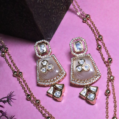 Kundan Style Layered Pendant Set with Mother-of-Pearl & CZ Drops - SIA455829