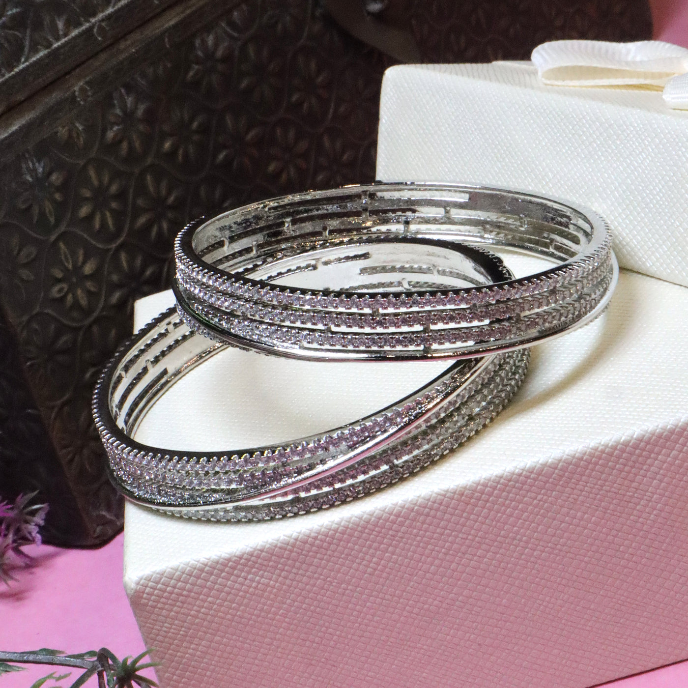 Sparkling Silver-Toned Triple-Line CZ Bangle - SIA455883