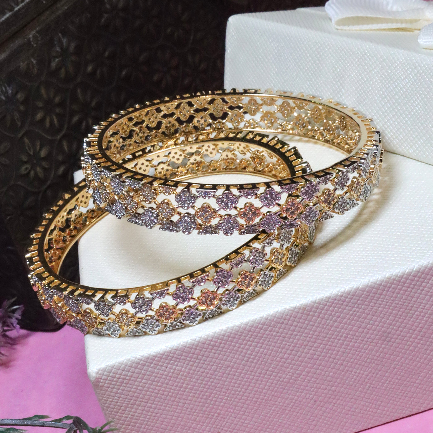 Gold Plated Clear Stone Filigree Bangle Set - SIA455887