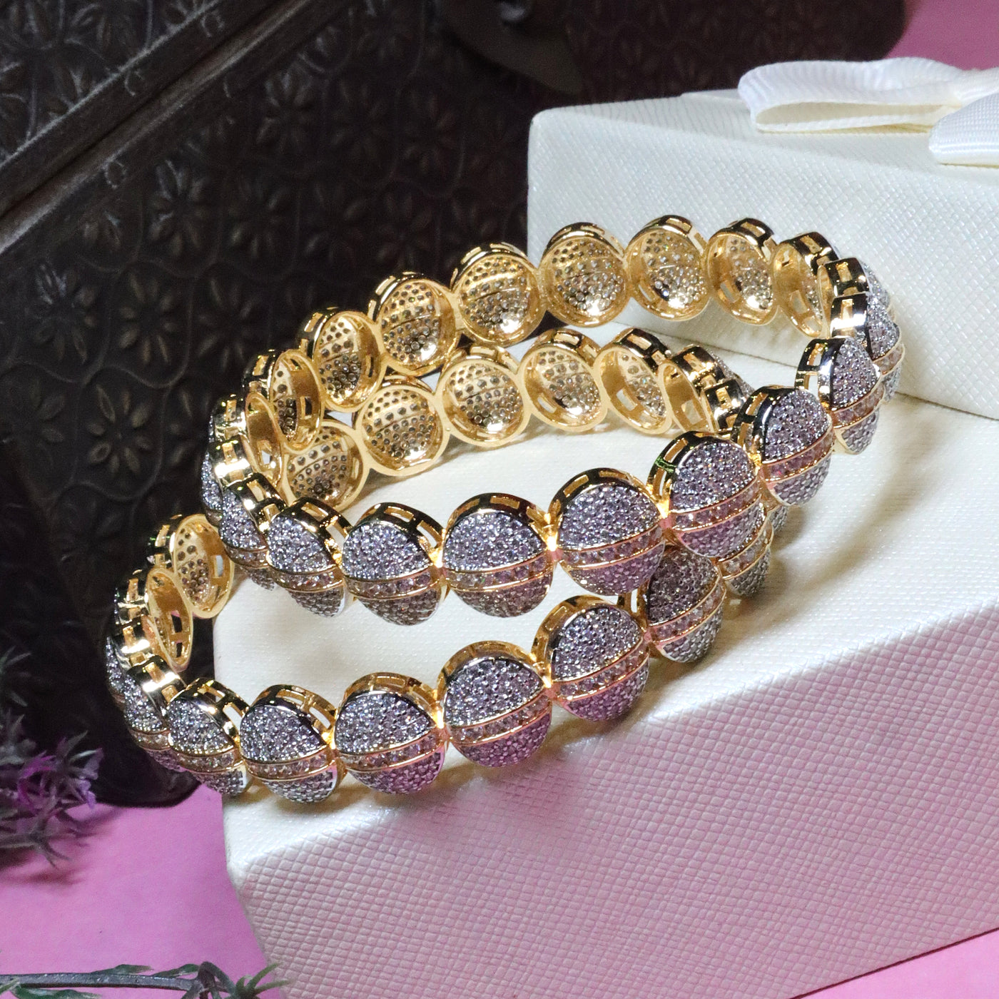 Two-Tone Gold Finish Pave Stone Circular Link Bangle Set - SIA455895