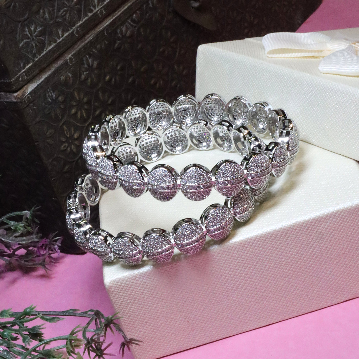 Rhodium Plated CZ Stone Circular Link Bangle Pair - SIA455898