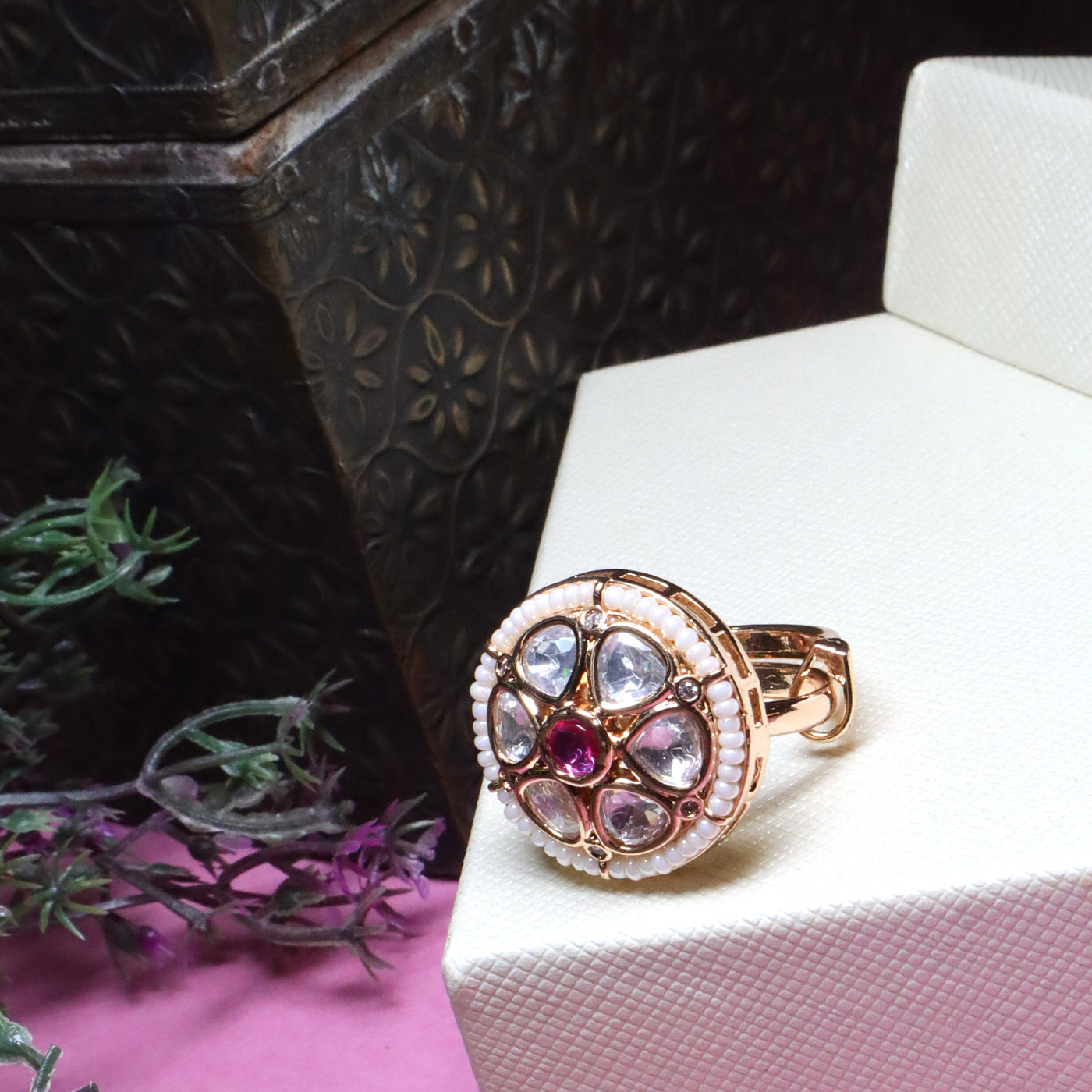 Ruby Gold Polki Ring with Ruby Center & Beads - SIA455904