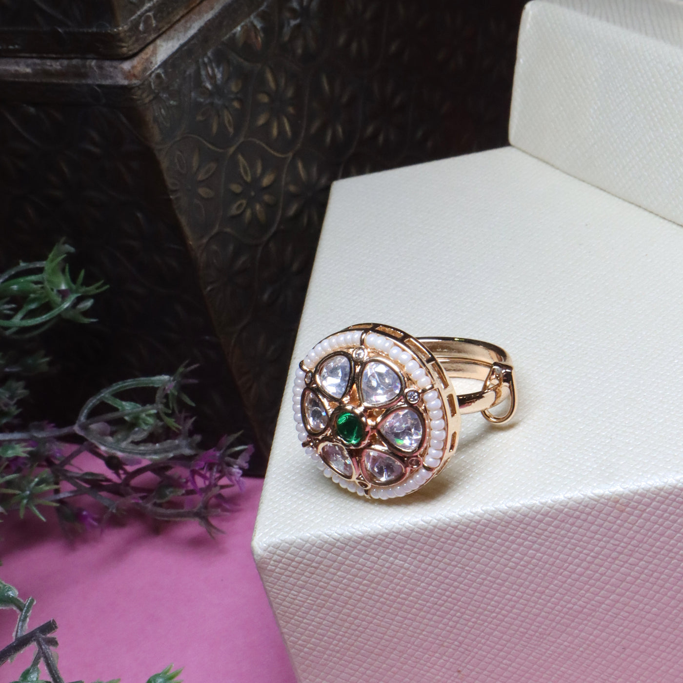 Gold Polki Ring with Emerald & Pearl Detailing - SIA455905