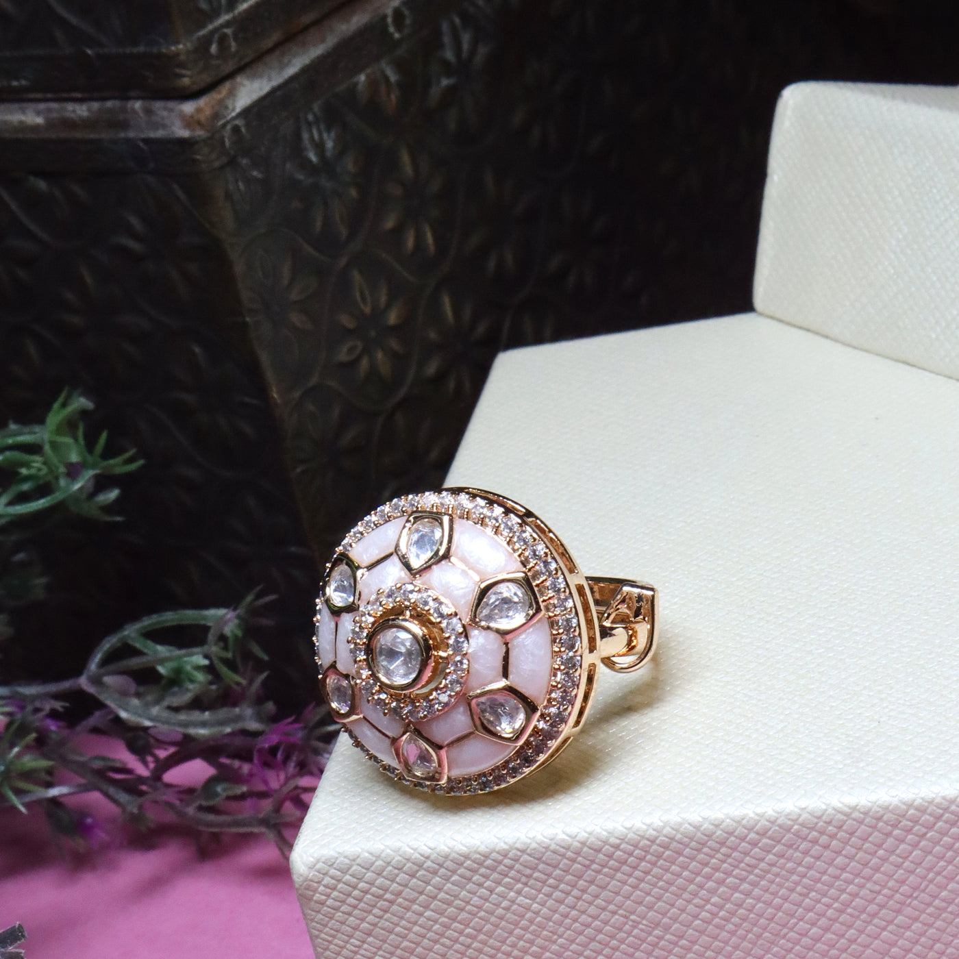 Round Gold Polki & White Enamel Statement Ring - SIA455906