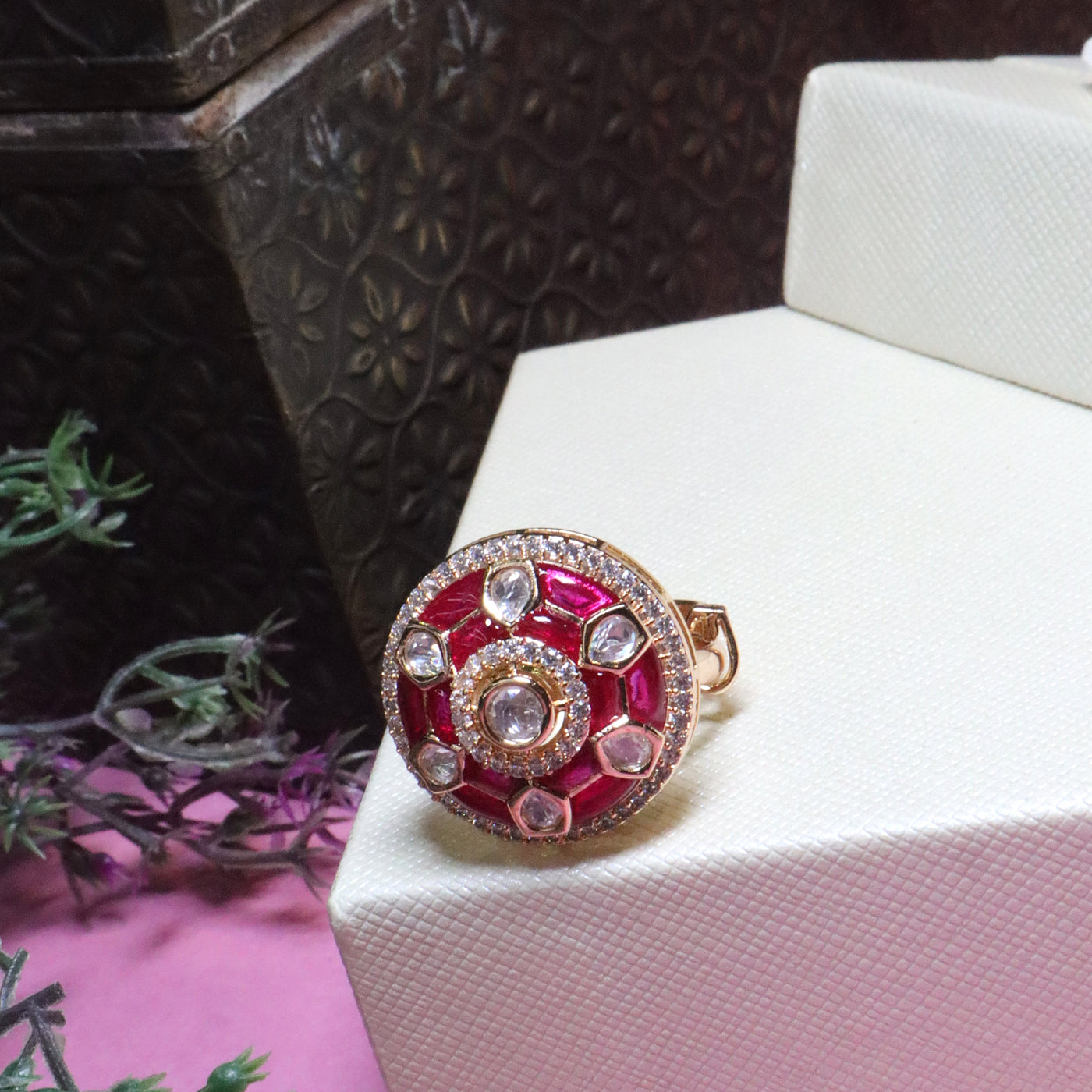 Round Gold Polki and Pink Meenakari Statement Ring - SIA455907
