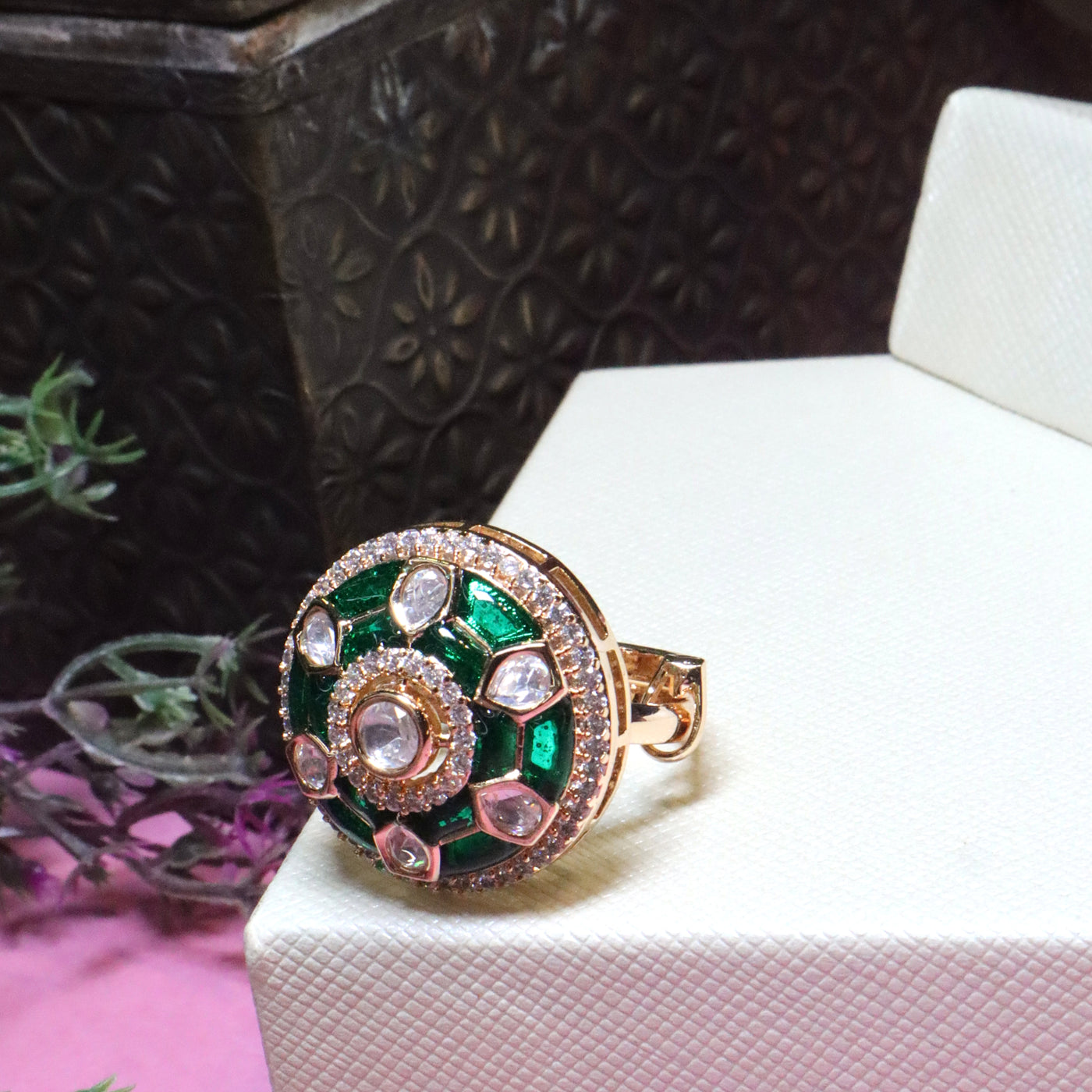 Gold-Plated Polki and Green Meenakari Statement Ring - SIA455908