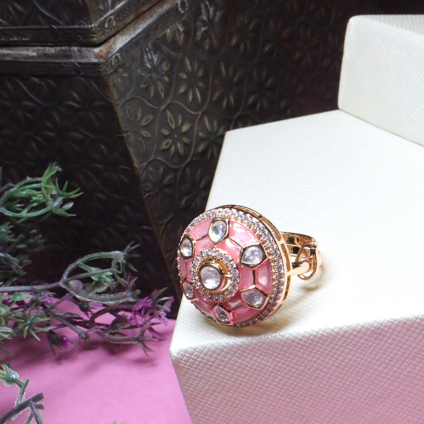 Gold-Plated Polki and Pastel Pink Meenakari Ring - SIA455909