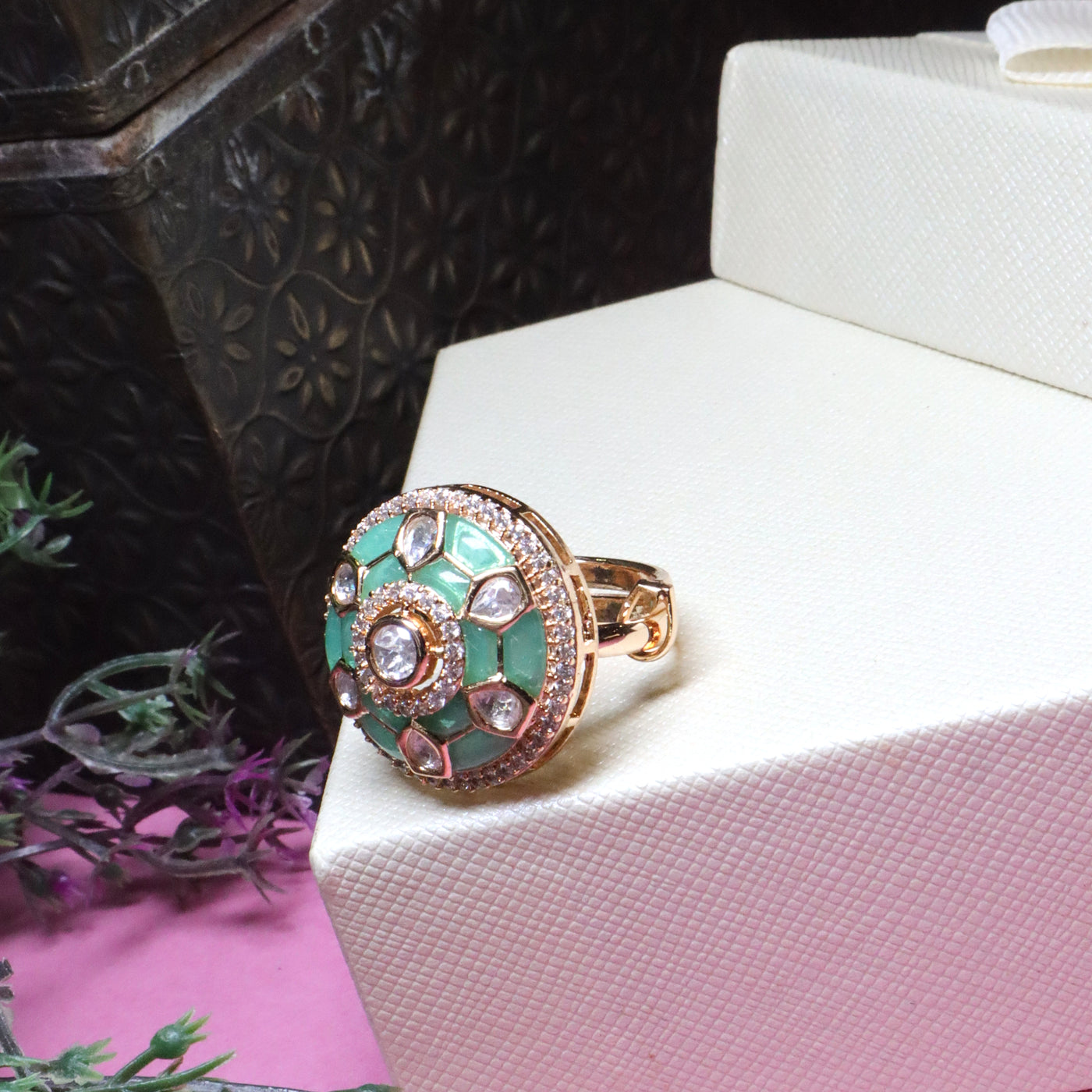 Gold-Plated Polki and Mint Green Meenakari Ring - SIA455910