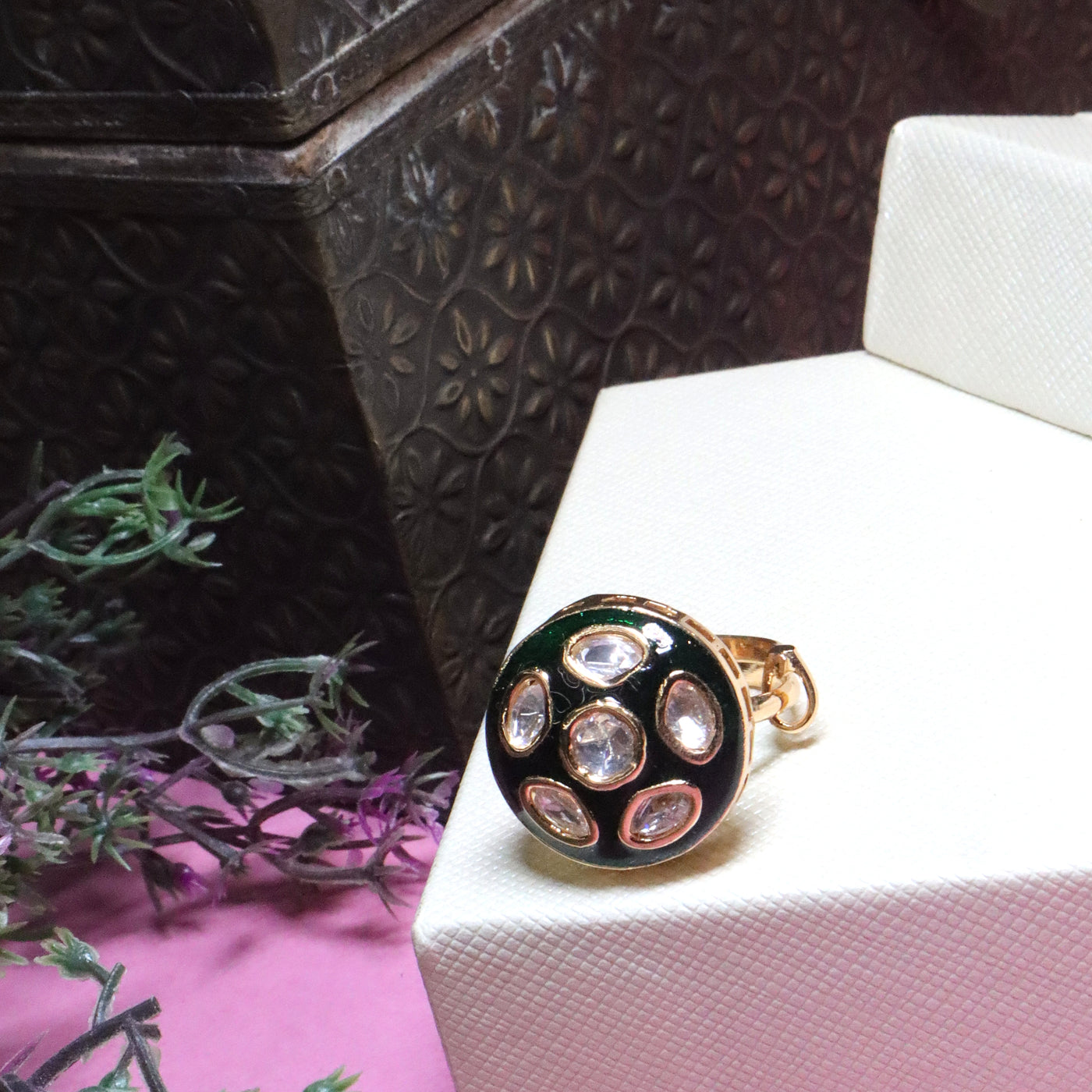 Gold-Plated Polki & Green Meenakari Ring - SIA455911