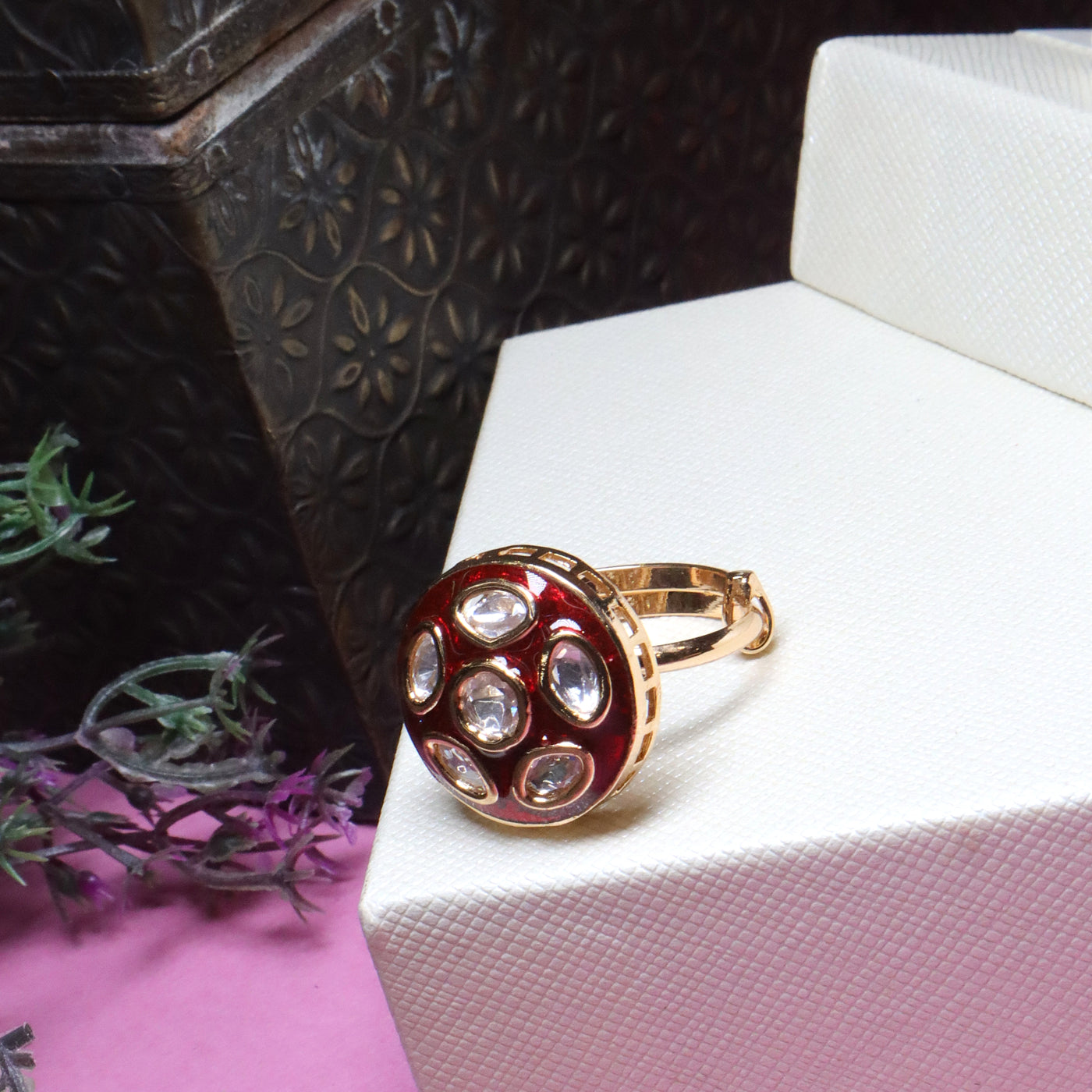 Gold-Plated Polki and Deep Red Meenakari Ring - SIA455911 _A