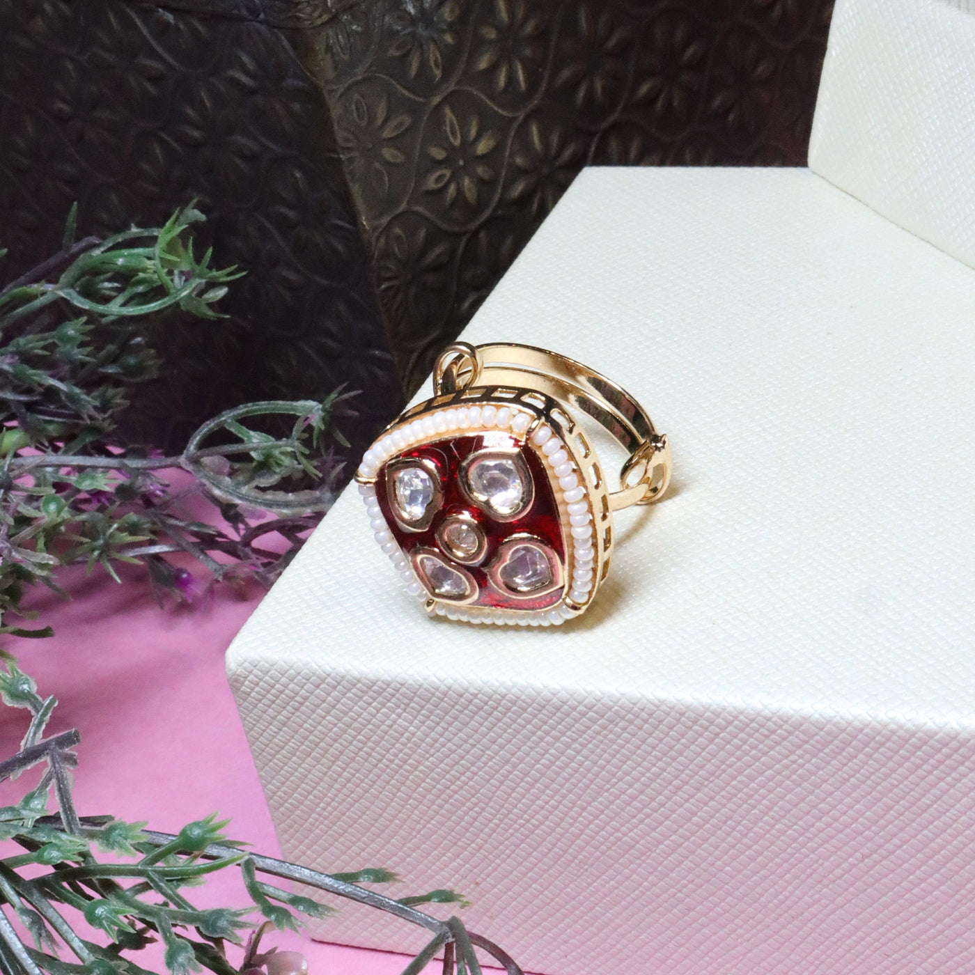 Red Polki Finger Ring with Pearls - SIA455914