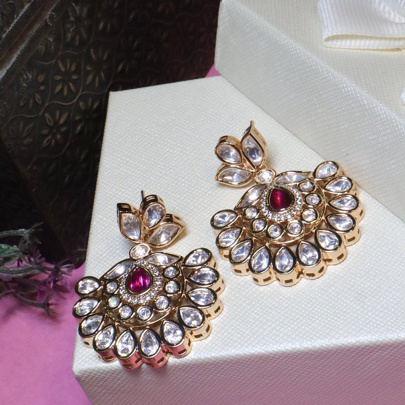 Gold-Tone Kundan & Ruby Center Floral Drop Earrings - SIA455917