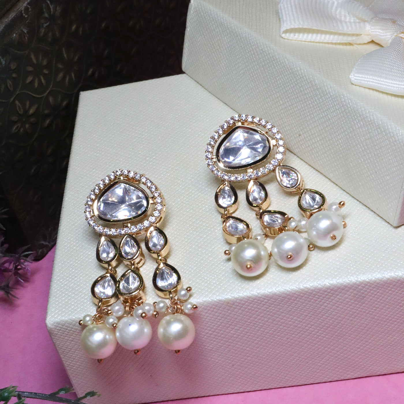 Gold-Tone Kundan, Pave & Pearl Chandelier Earrings - SIA455918