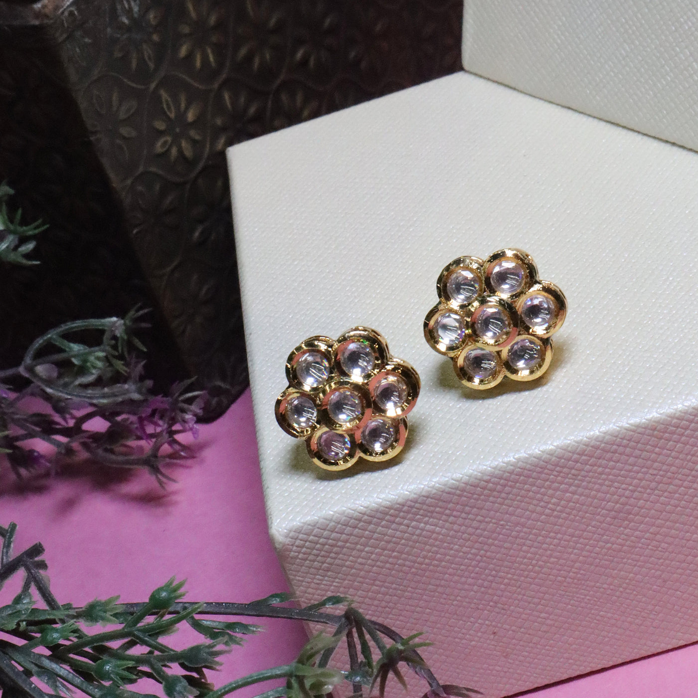 Floral Kundan Cluster Stud Earrings - SIA455921