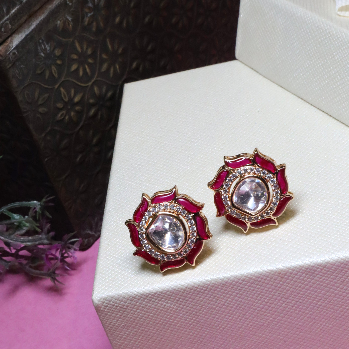 Pink Enamel & Kundan Floral Stud Earrings - SIA455922