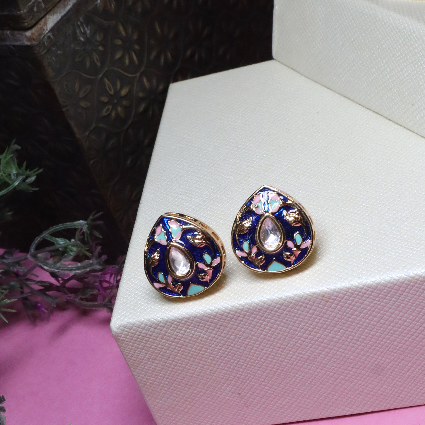 Meenakari Enamel & Kundan Teardrop Stud Earrings - SIA455925