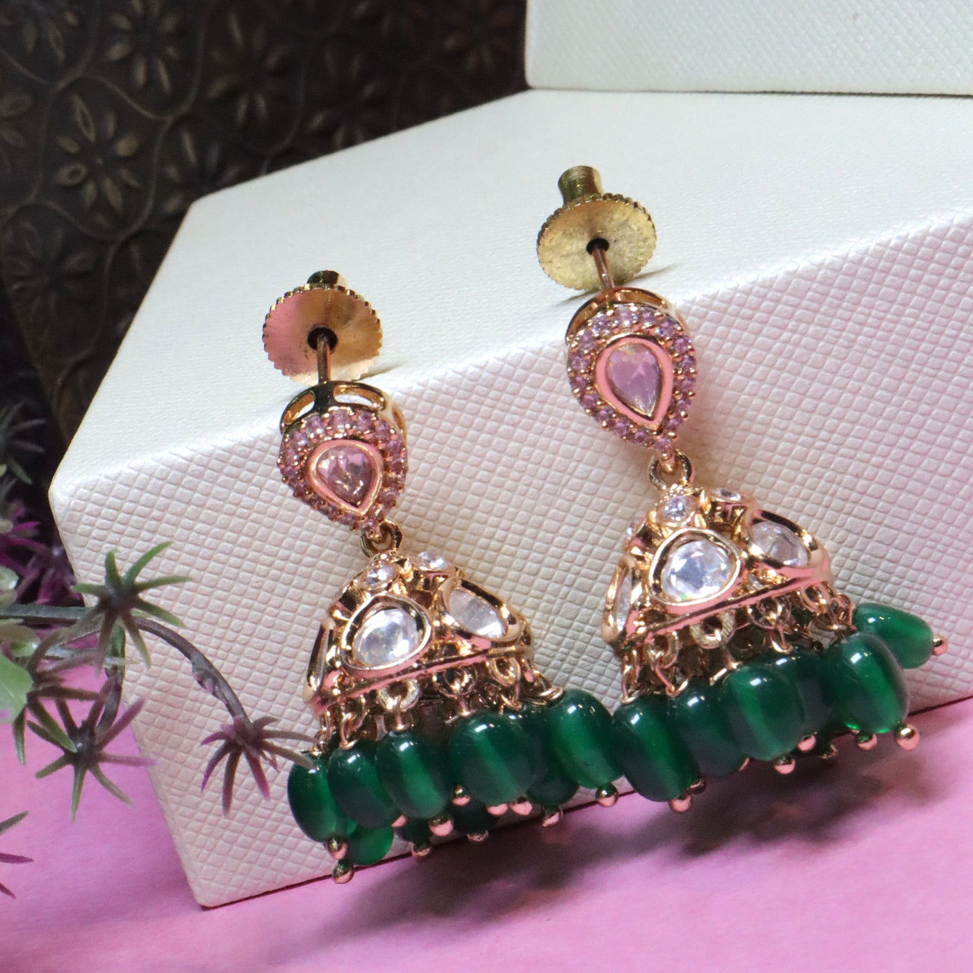 Kundan & Green Beaded Jhumka Drop Earrings - SIA455926 _A