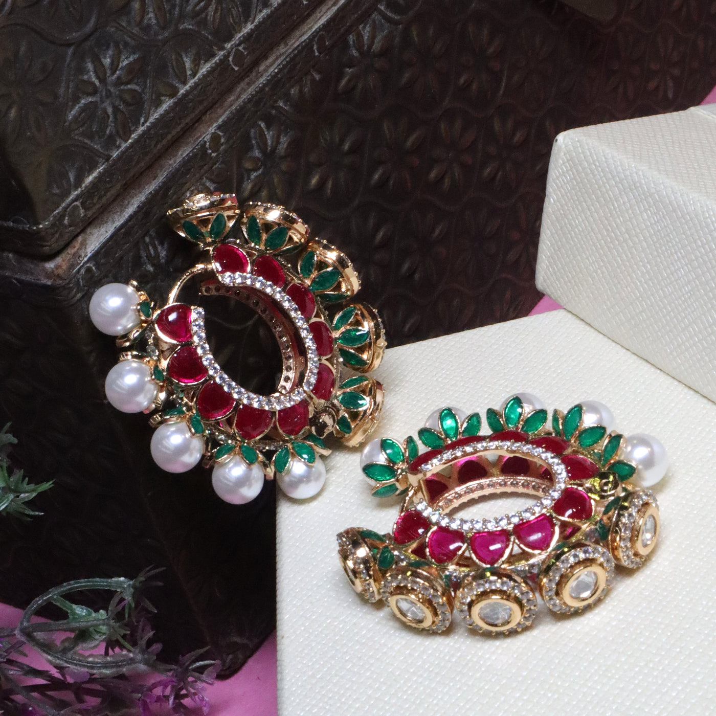 Meenakari Green & Ruby Floral Chandbali Earrings - SIA455927