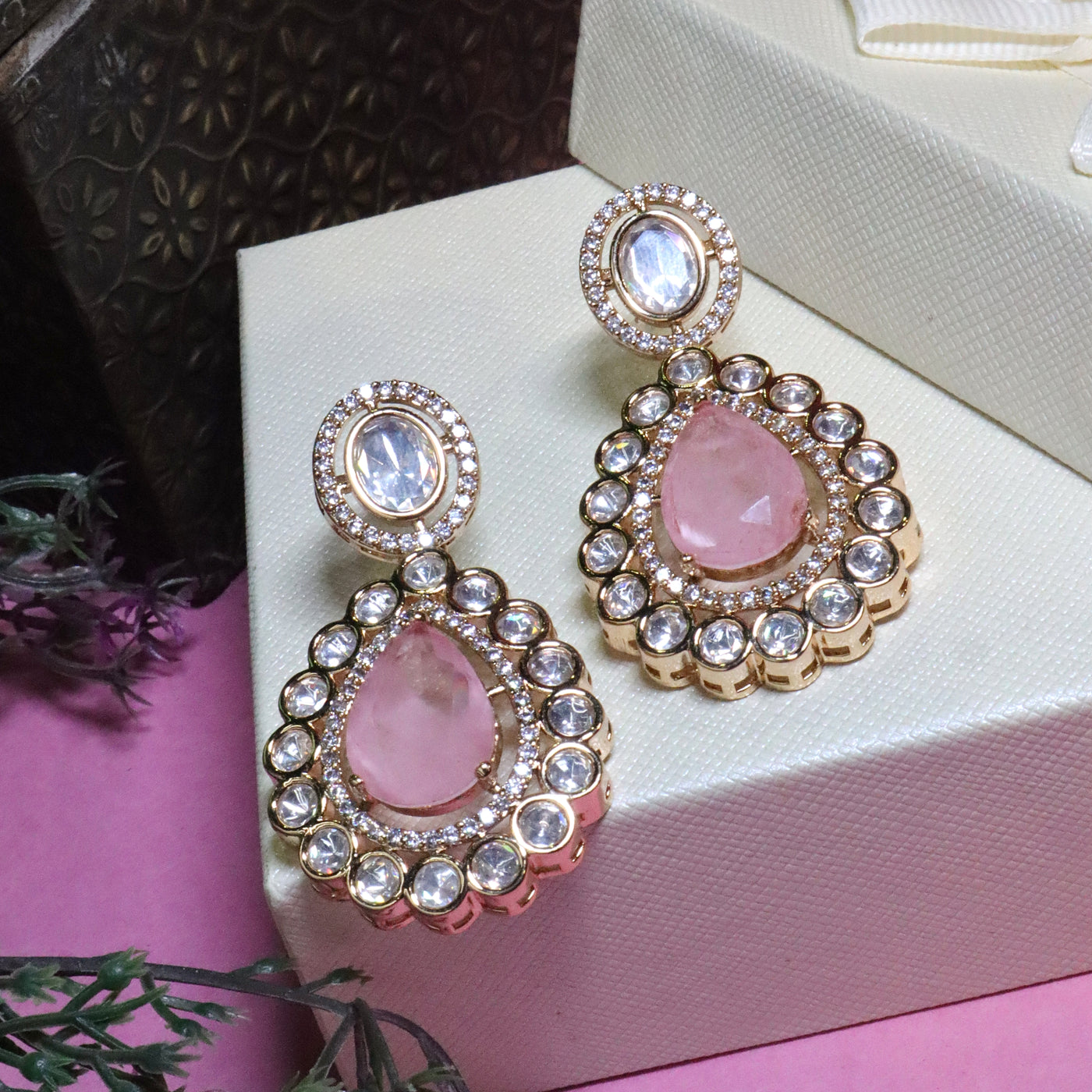 Pink Stone & Kundan Teardrop Drop Earrings - SIA455930
