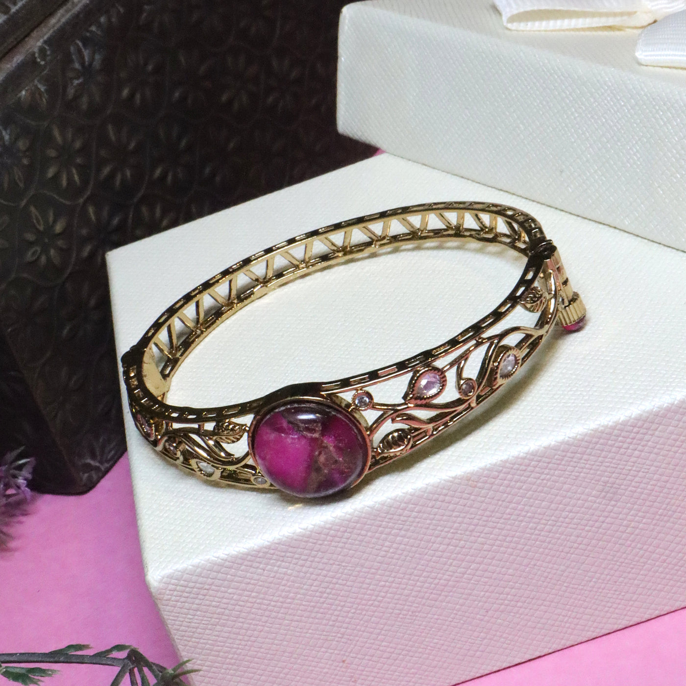 Dark Pink Marbled Stone Openwork Bracelet - SIA455932 _A