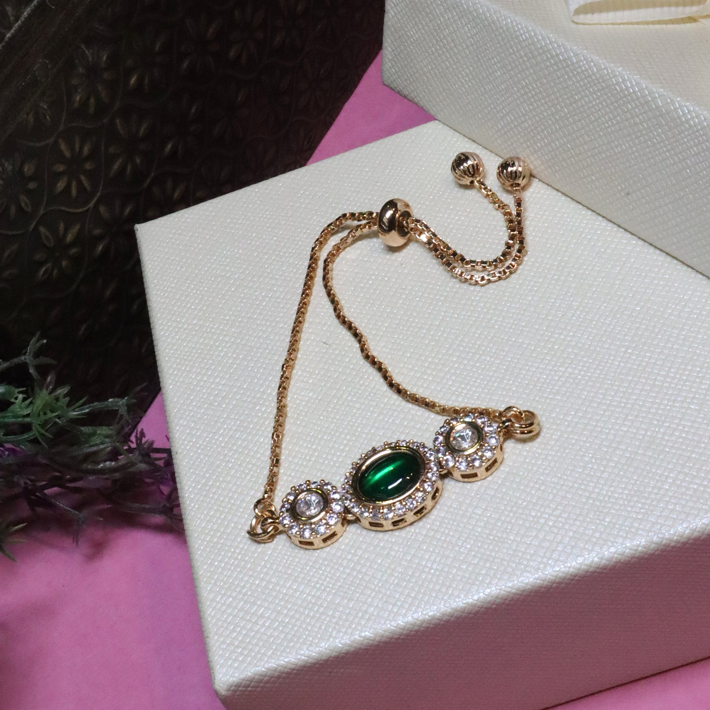 Emerald & CZ Trio Slider Bracelet - SIA455937