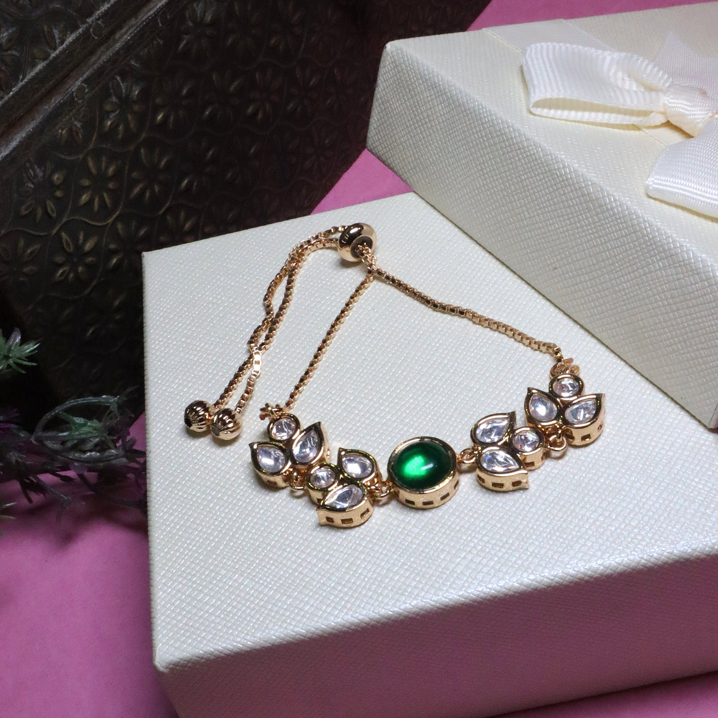 Emerald Oval & Marquise Leaf Slider Bracelet - SIA455944