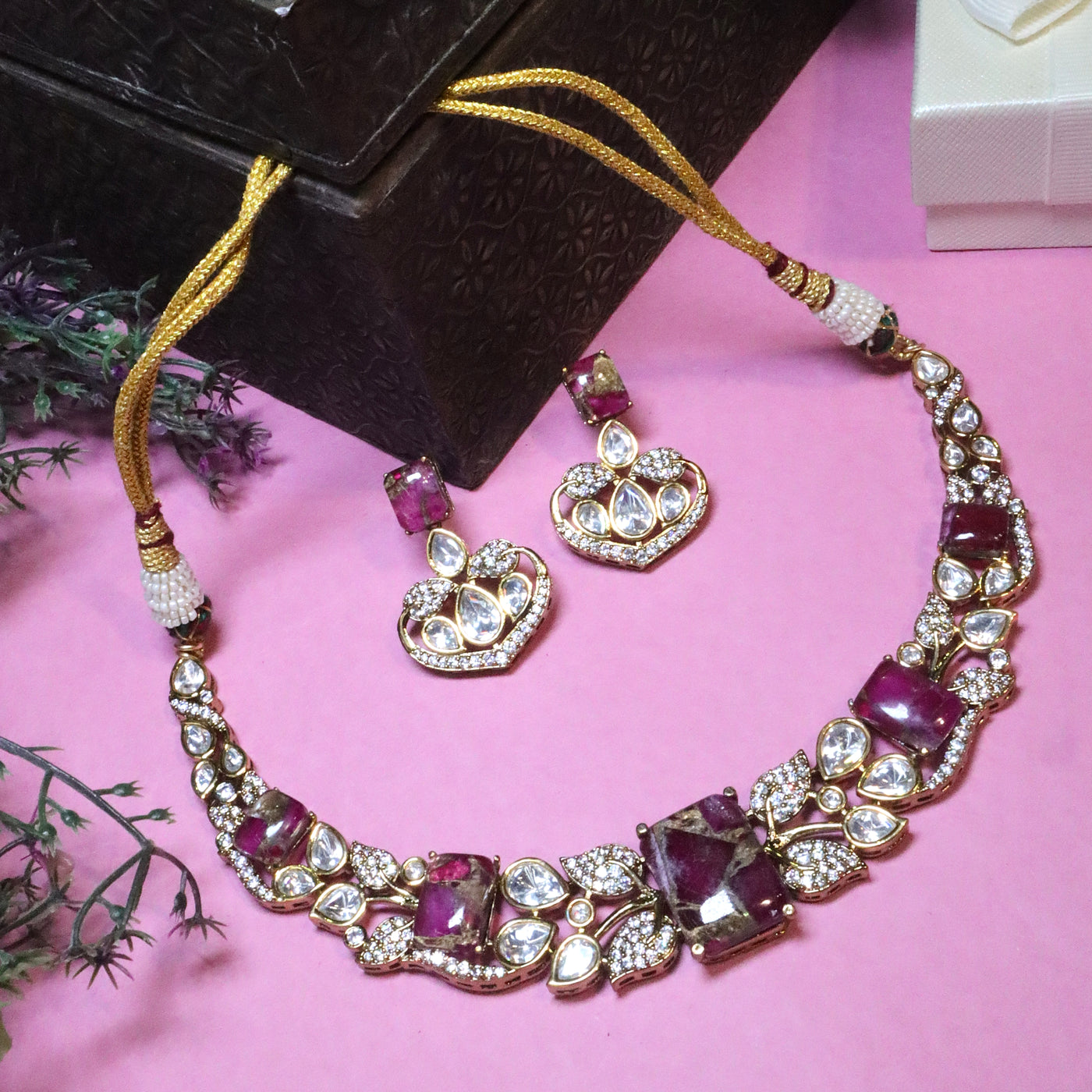 Pink Polki Stone Choker Set - SIA455953