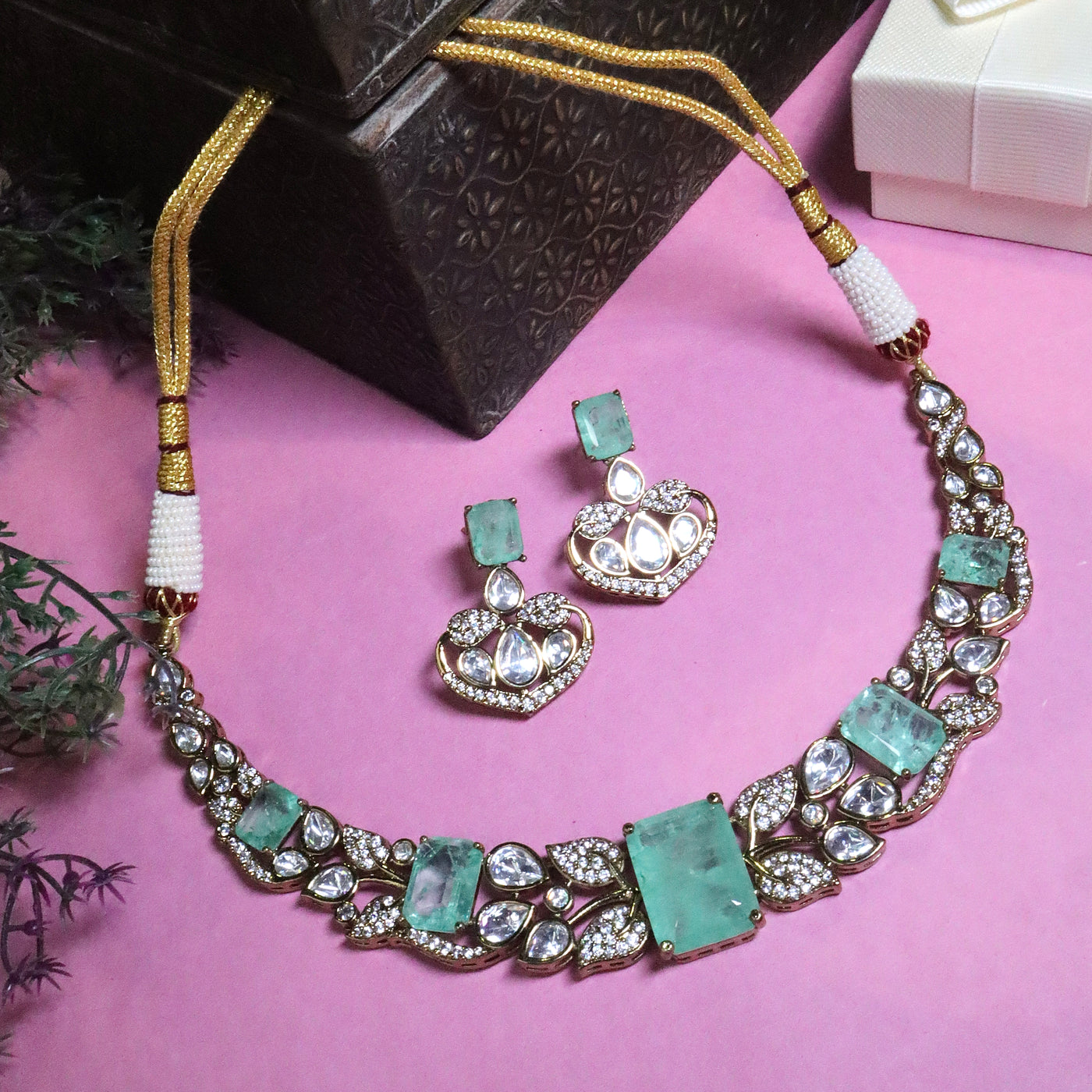 Mint Green Polki Choker Set - SIA455954