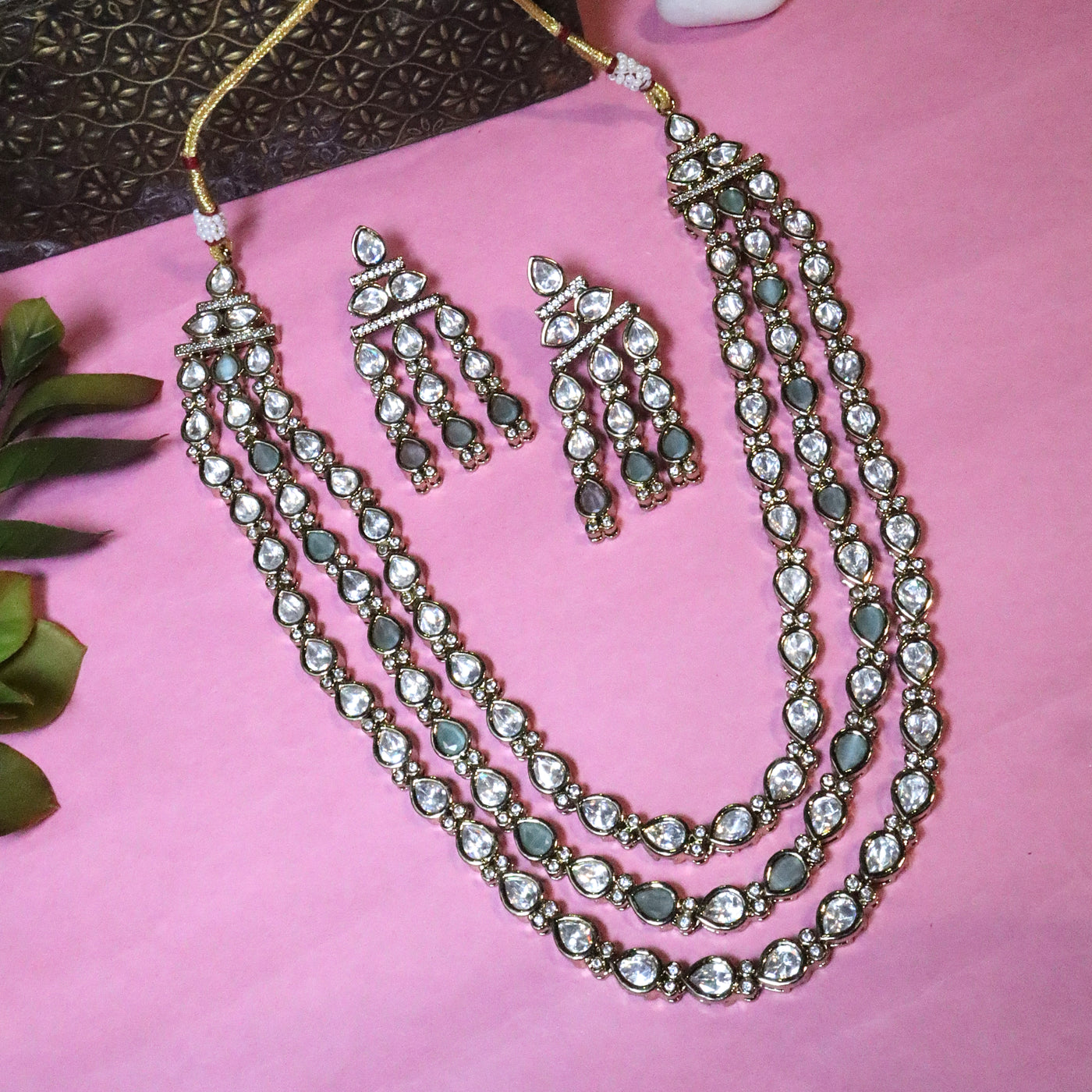 Triple-Layered Polki and Stone Necklace Set with Dangler Earrings - SIA456065