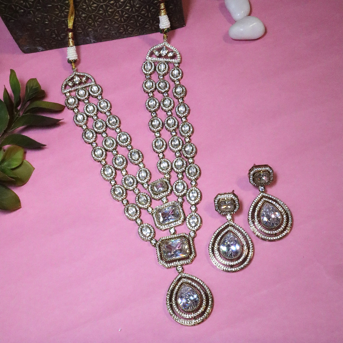 Elaborate Double-Layered Polki/Kundan Style Necklace with Teardrop Dangler Earrings - SIA456067