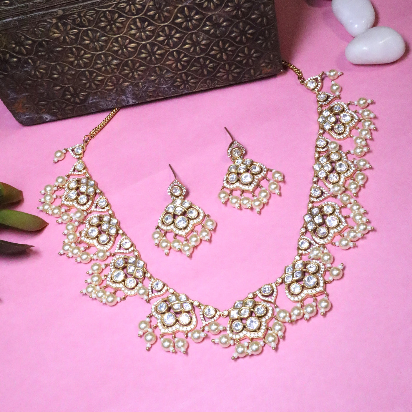 Intricate Polki and Pearl Choker Necklace Set with Drop Earrings - SIA456068