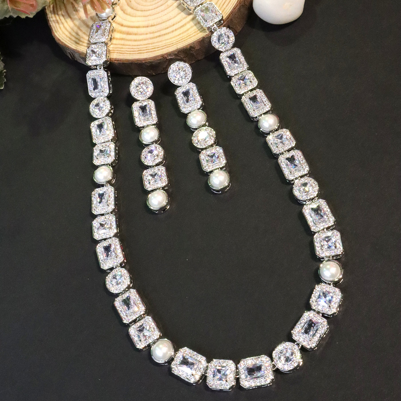 Luxurious White Cubic Zirconia and Pearl Long Necklace Set. - SIA456096