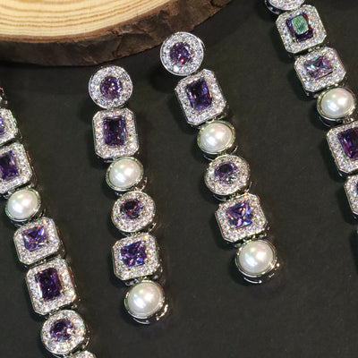 Long Amethyst and Pearl Necklace and Earring Set - SIA456100