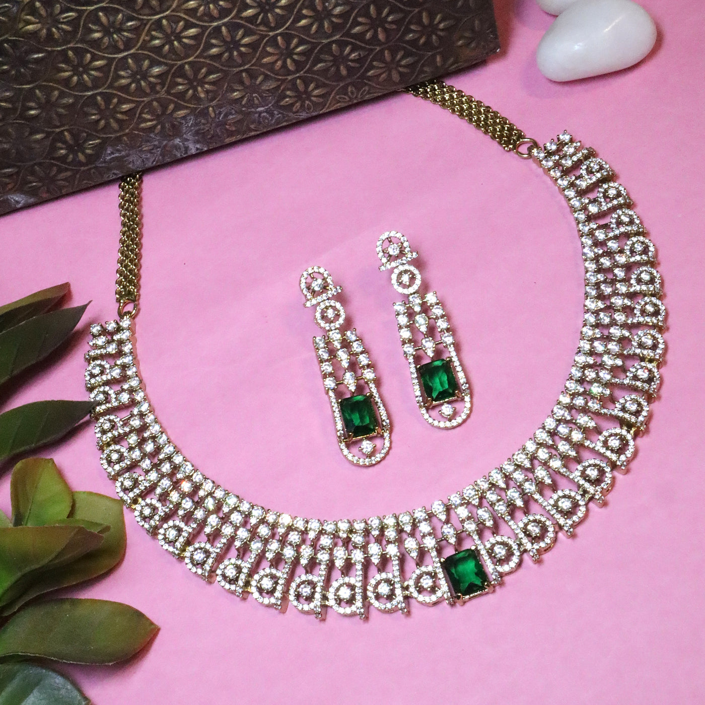 Sparkling Cubic Zirconia Choker Necklace Set with Emerald Green Accent Stones - SIA456122