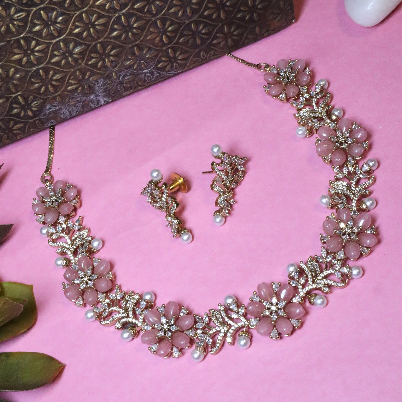 Pink Stone and AD Floral Choker Necklace Set with Pearl Drops - SIA456136