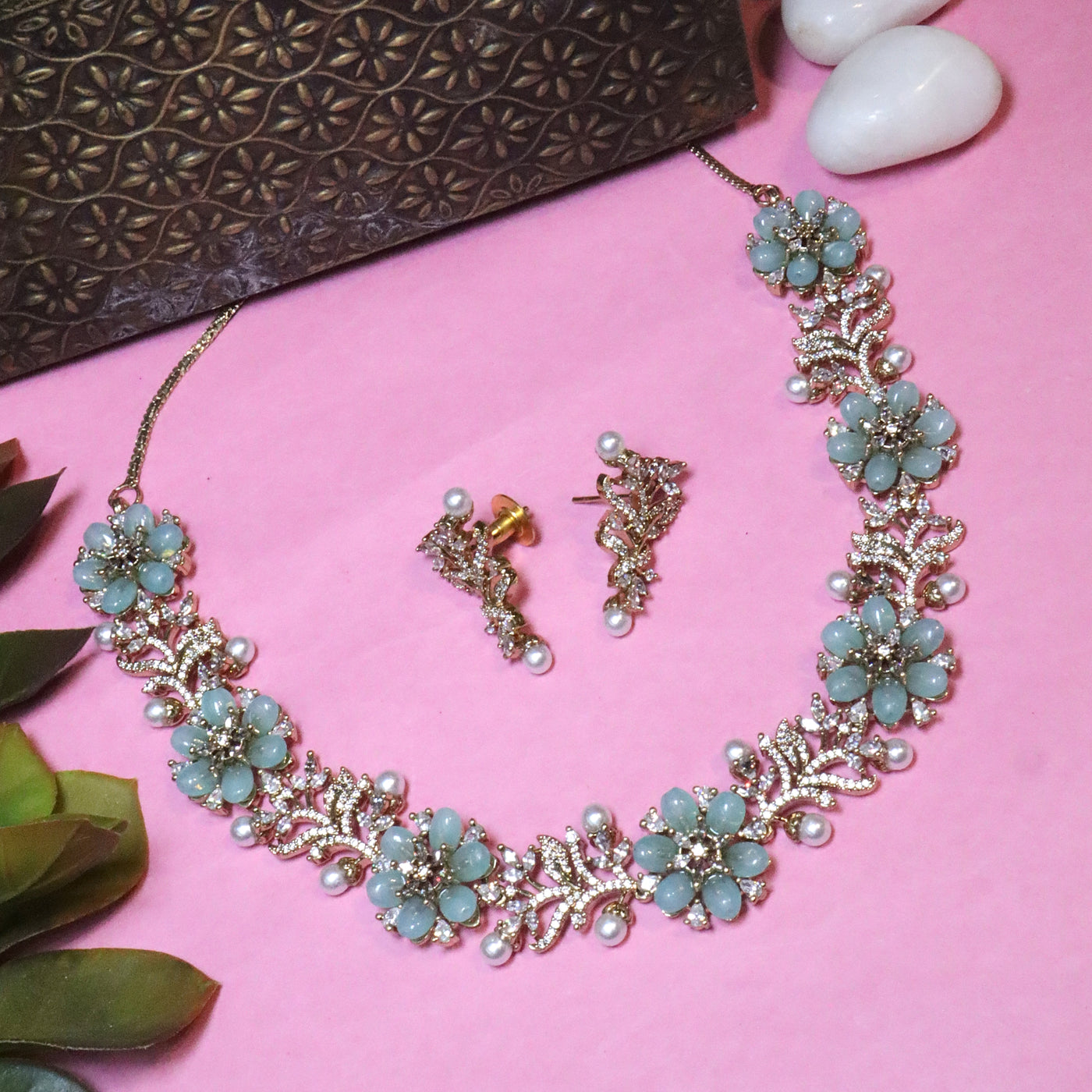 Light Blue/Mint Floral AD Choker Necklace Set with Pearl Drops - SIA456136_A
