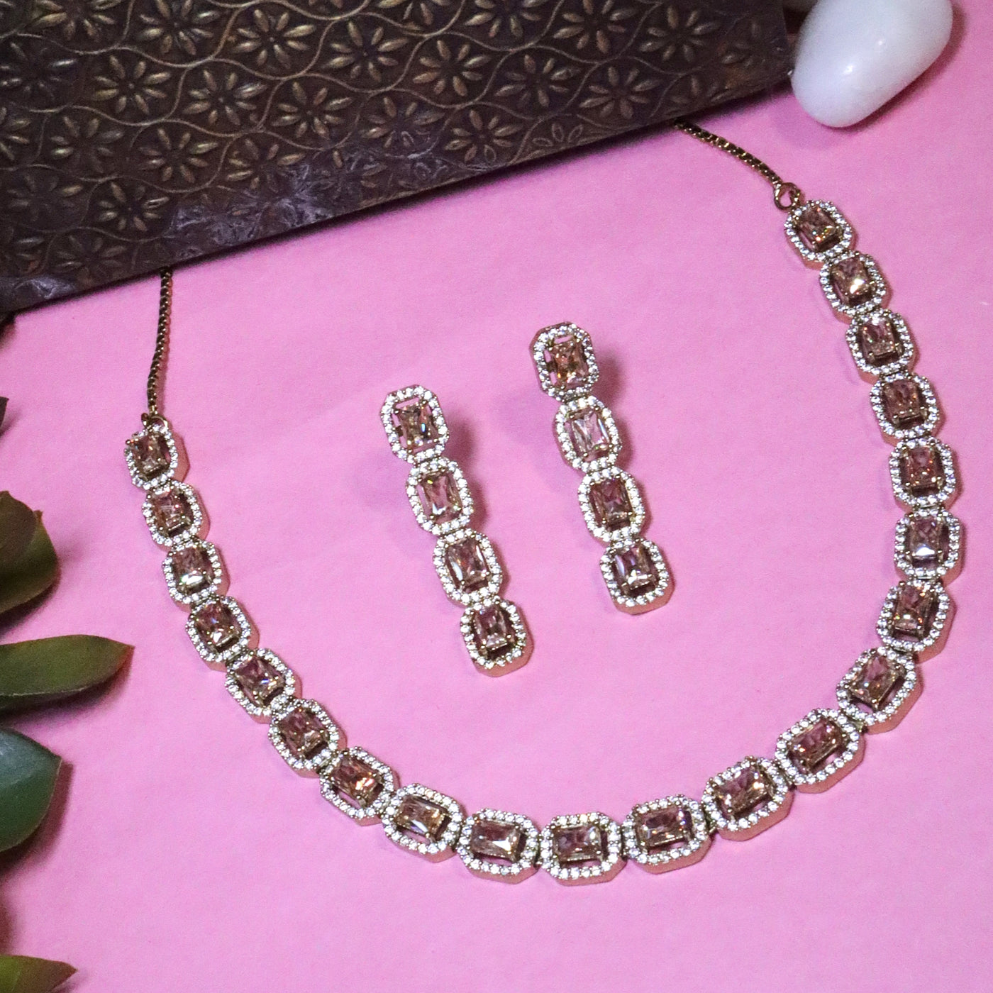 Brown/Smoky Quartz Geometric Link Necklace Set - SIA456137