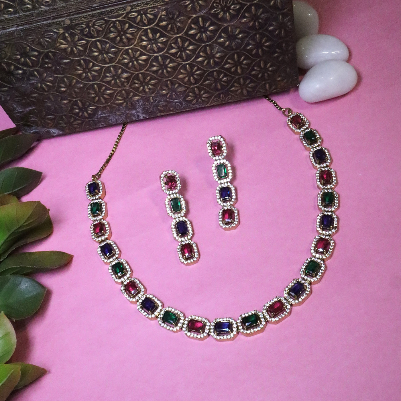 Multi-Colored Navratna-Style Geometric Link Necklace Set - SIA456138