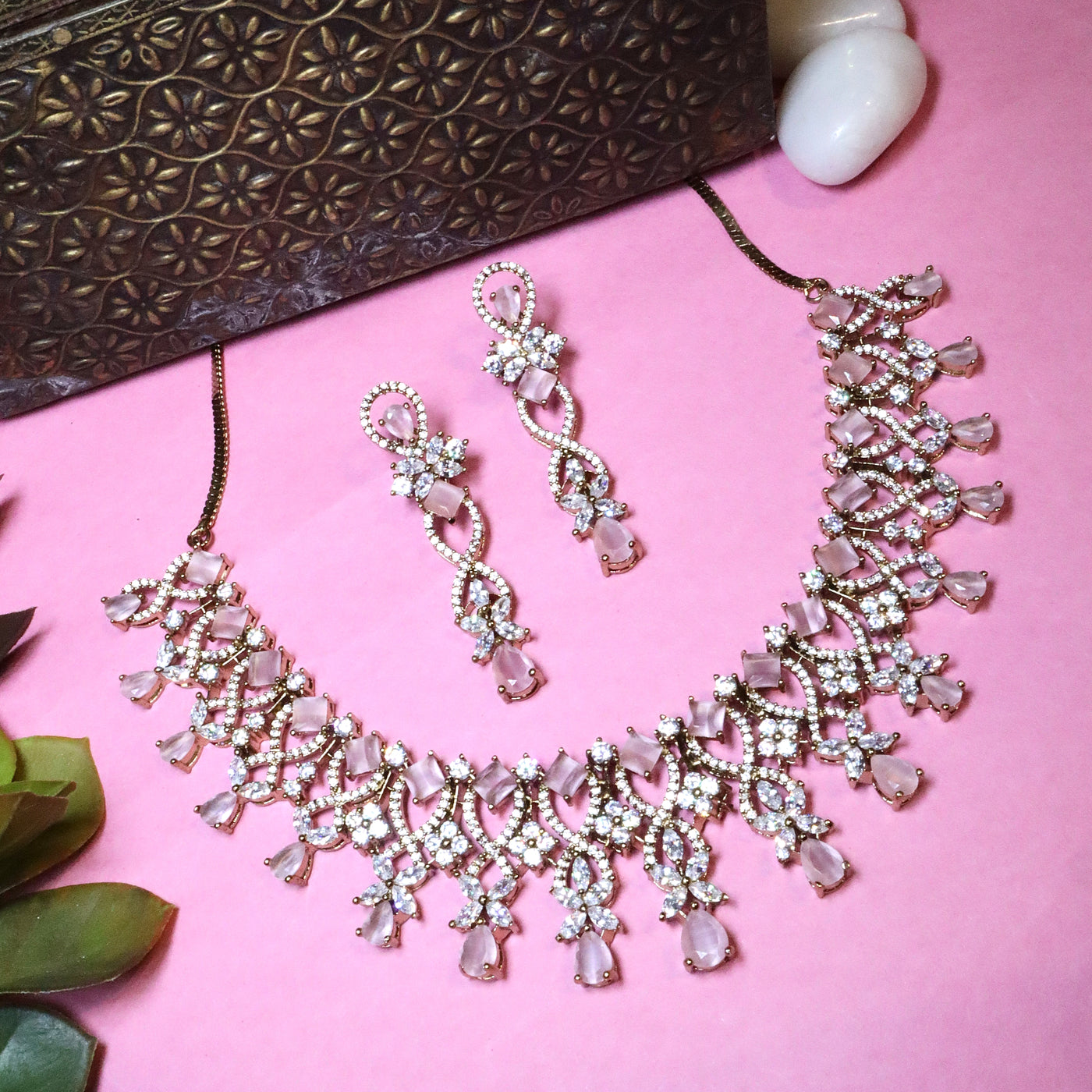 Pink Teardrop Stone and American Diamond (AD) Bridal Choker Set - SIA456139