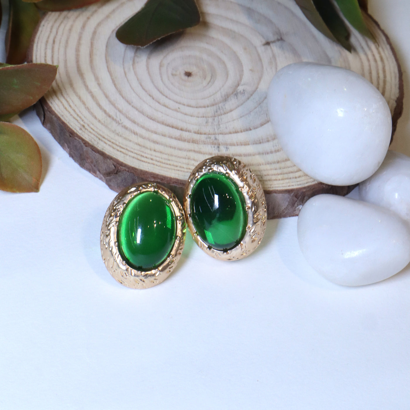 Bold Gold-Plated Earrings with Oval Green Gemstone - SIA456204_A