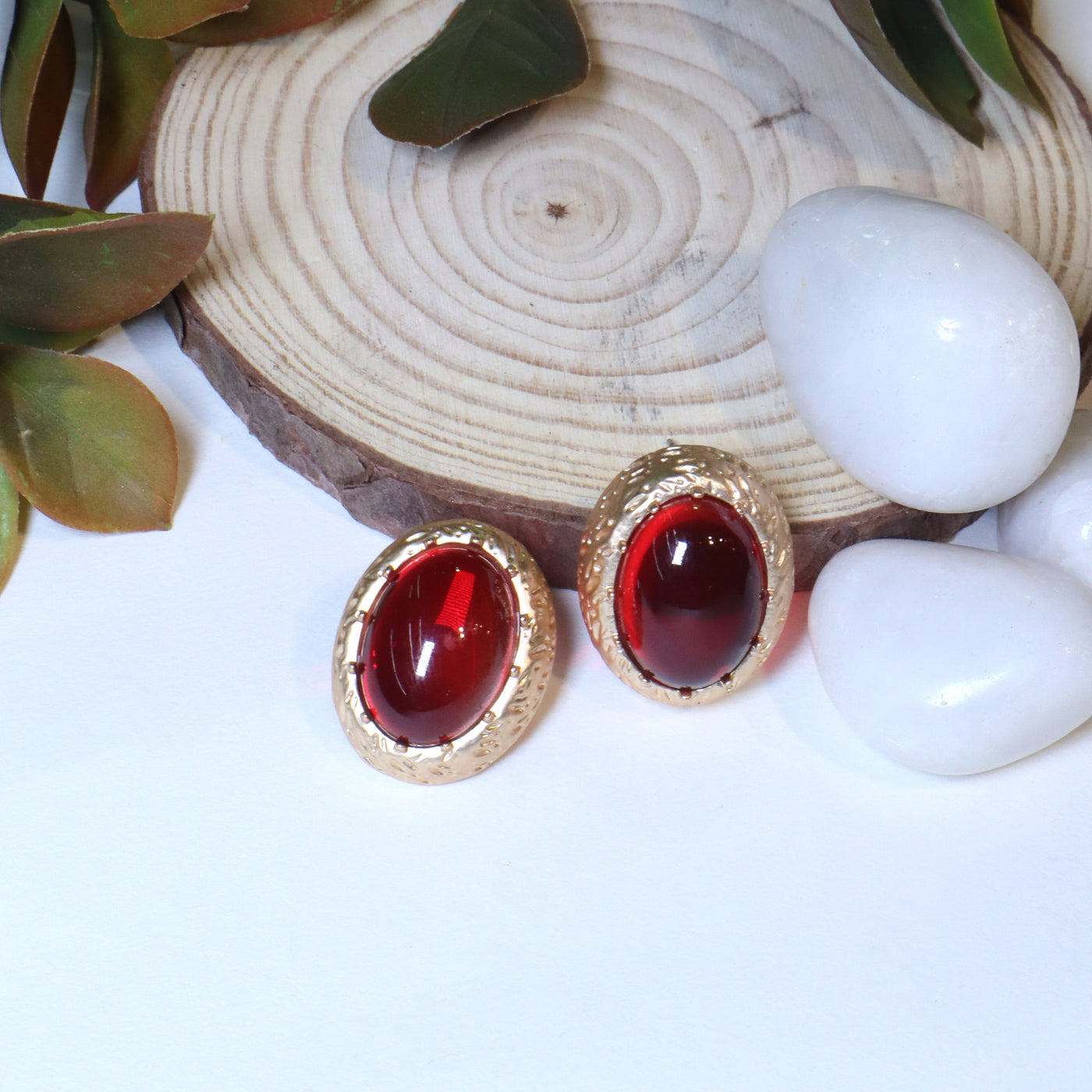 Bold Gold-Plated Earrings with Oval Red Gemstone - SIA456204