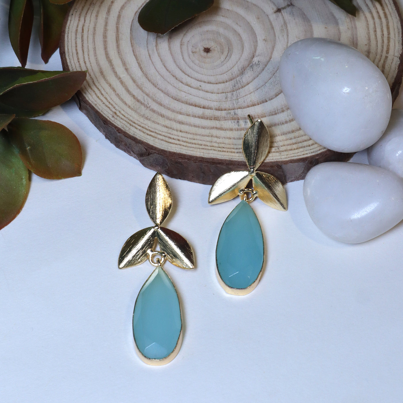 Gold-Plated Two-Leaf Drop Earrings with Blue Chalcedony Teardrop - SIA456205