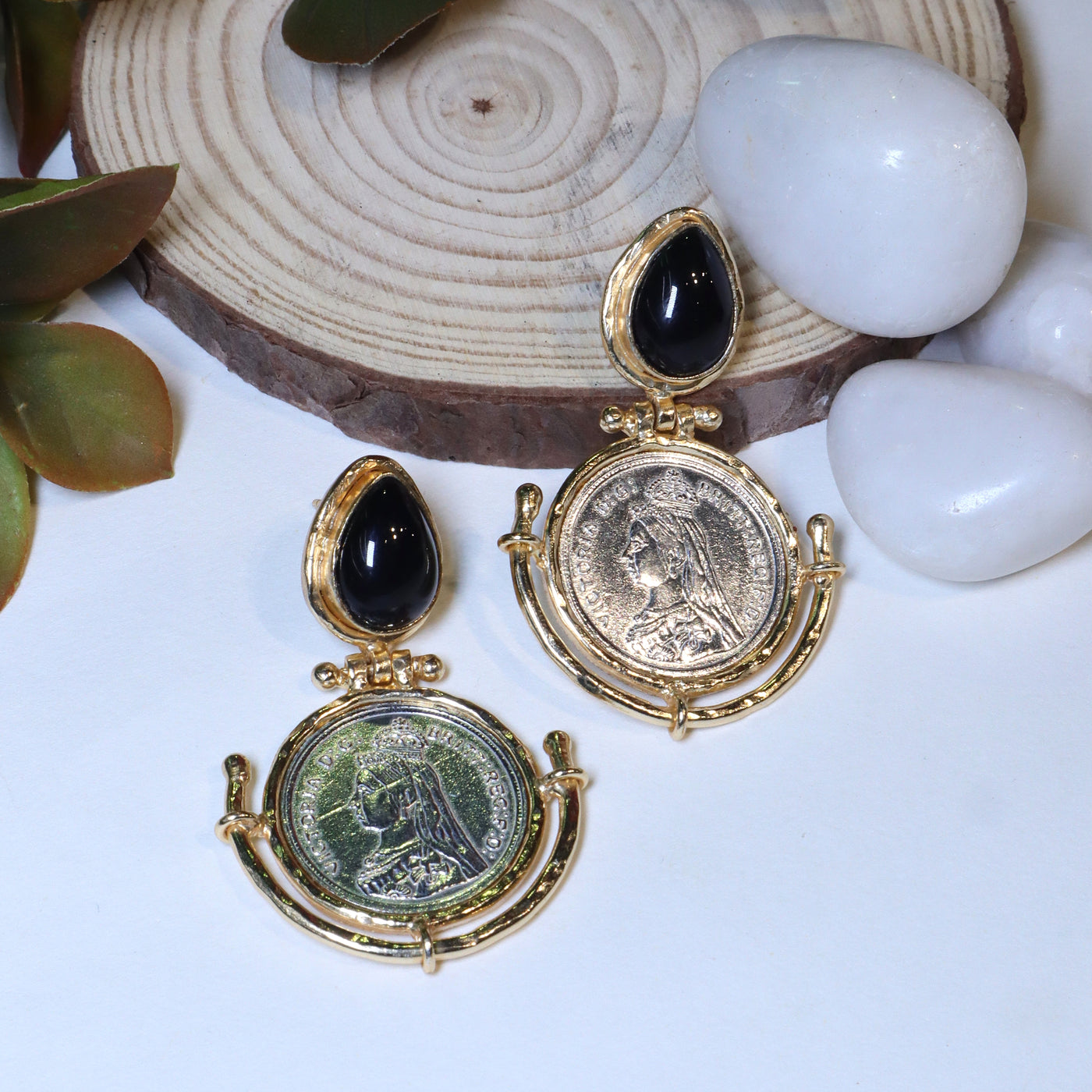 Vintage Coin Drop Earrings with Black Onyx Teardrop Stud - SIA456220