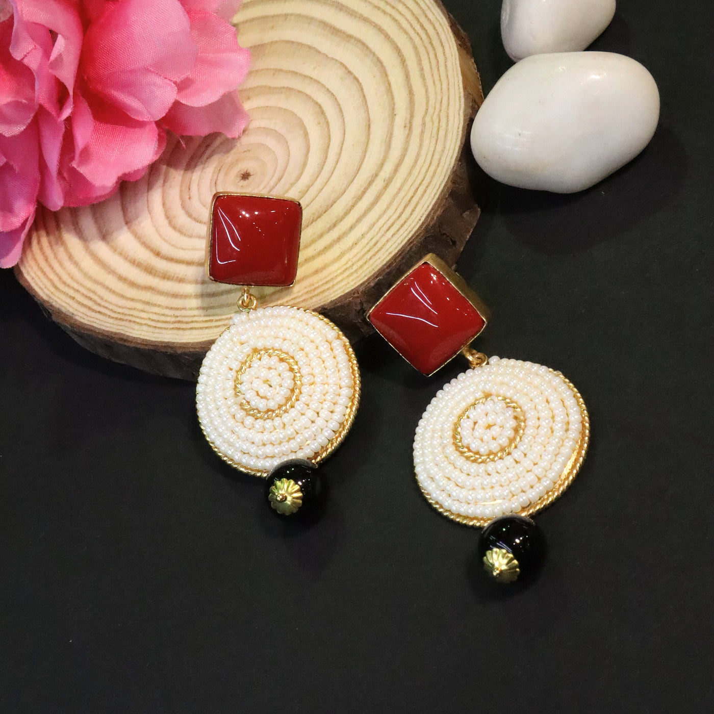 Gold Tone Red Stone and White Beaded Drop Earrings - SIA456510