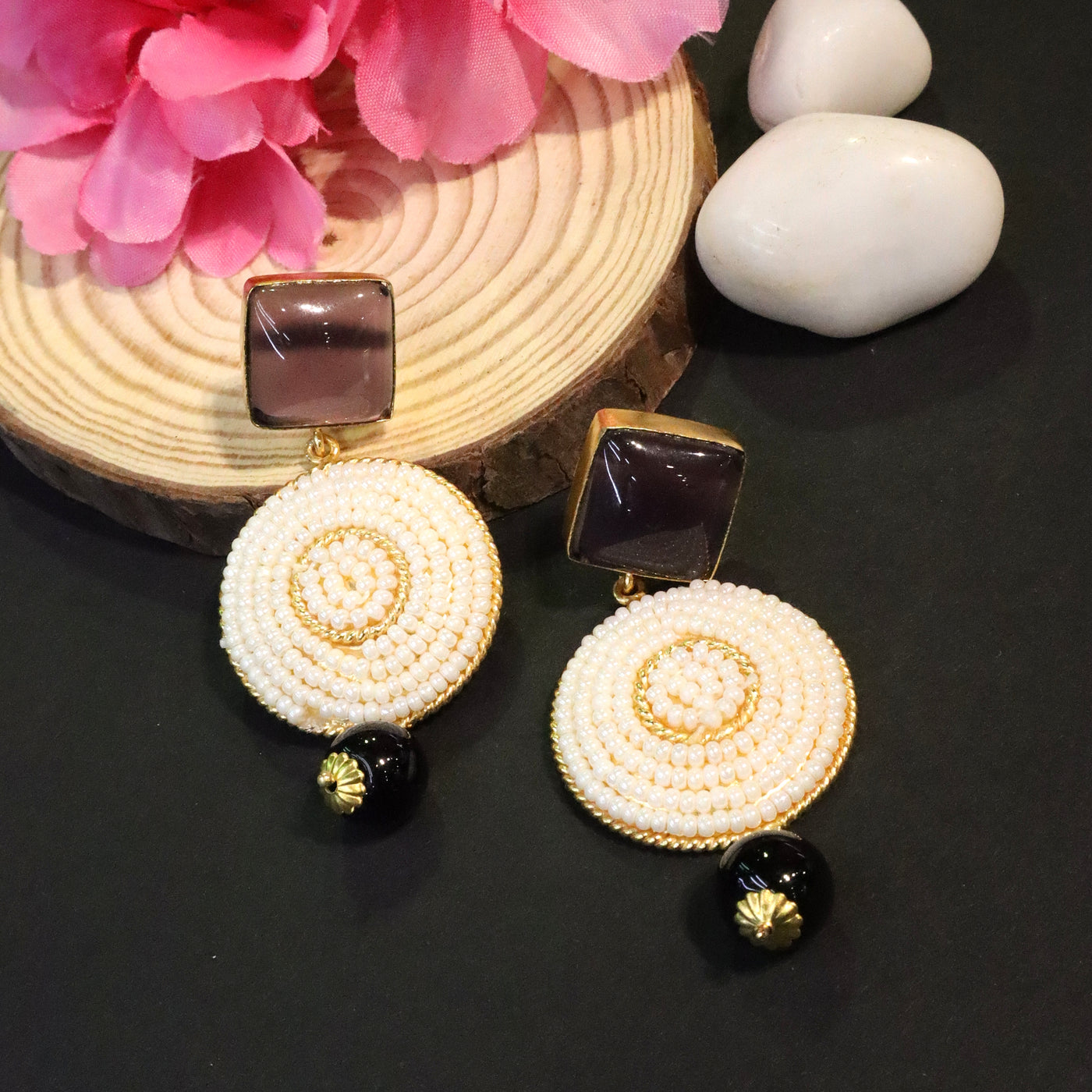 Gold Tone Brown Stone and White Beaded Drop Earrings - SIA456510 _A