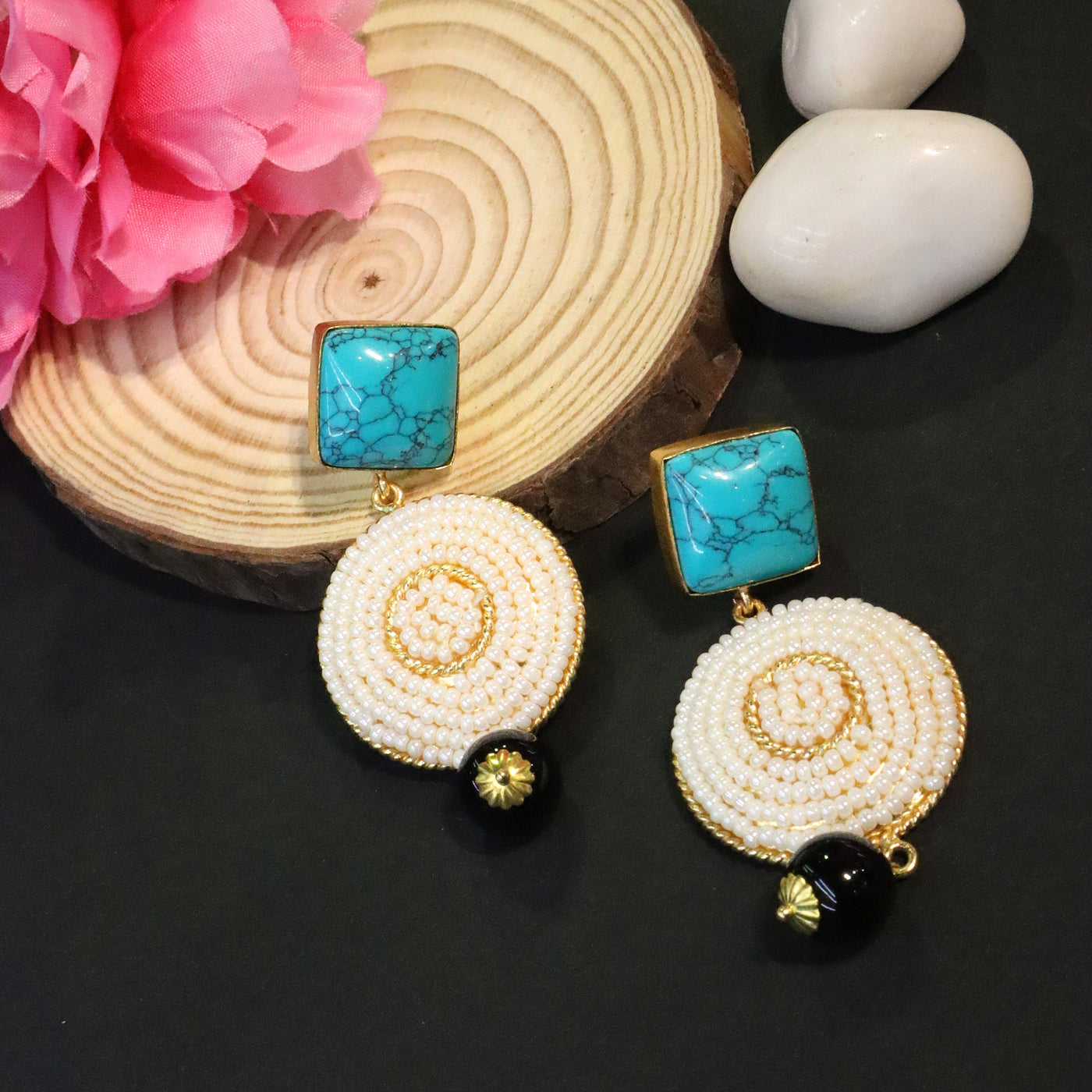 Gold Tone Aqua Blue Stone and White Beaded Drop Earrings - SIA456510 _B