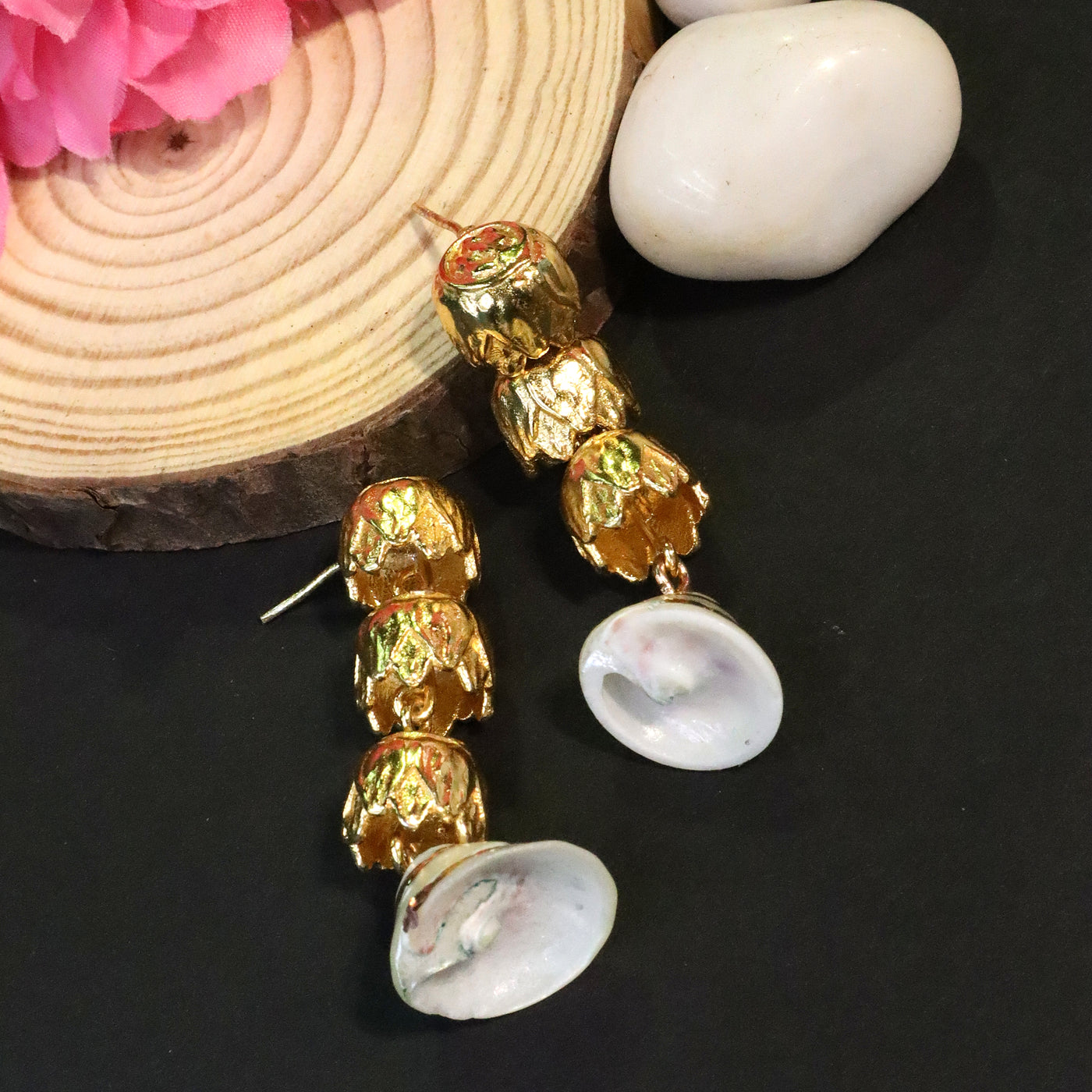 Gold Tone White Shell and Flower Dangle Earrings - SIA456512