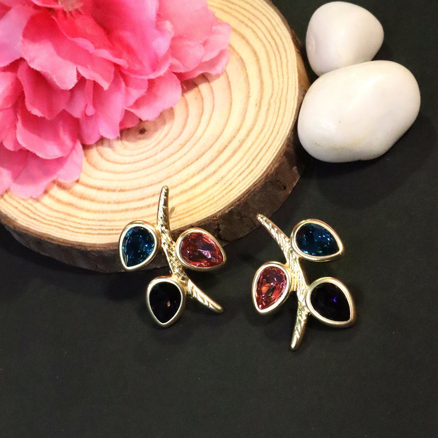 Gold Tone Blue and Red Leaf Stud Earrings - SIA456515